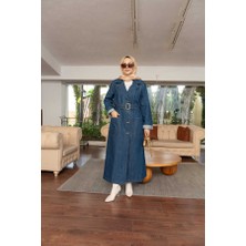 Neways 6655-KUŞAKLI Kadın Denim Ceket Koyu Mavi Standart Yaka Kolsuz Modern Stil