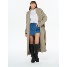 Safe Tasarım Kadın Kemerli Oversize Yırtmaçlı Kaşe Kaban
