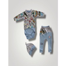 6-9 12-18 18-24 Ay Power Kedi Nakışlı Uzun Kollu Zıbınlı Şapkalı  3lü Kız Erkek Bebek Takımı