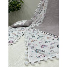 Buse Baby Home Poplin Kumaş ve Ponponlu Alt Açma , Yastık ve Battaniye 3'lü Set