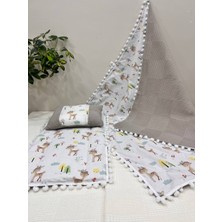 Buse Baby Home Poplin Kumaş ve Ponponlu Alt Açma , Yastık ve Battaniye 3'lü Set