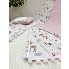 Buse Baby Home Poplin Kumaş ve Ponponlu Alt Açma , Yastık ve Battaniye 3'lü Set