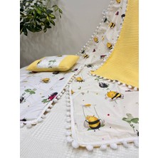 Buse Baby Home Poplin Kumaş ve Ponponlu Alt Açma , Yastık ve Battaniye 3'lü Set