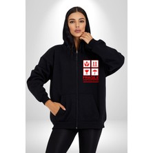 Kırılabilir - Dikkatli Taşıyınız Işareti Erkek Kadın Siyah Fermuarlı Baskılı Hırka Sweatshirt