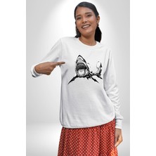 Navcoli Dövme Shark Okyanus Köpekbalığı Erkek Kadın Unisex Dijital Baskılı Beyaz Sweatshirt