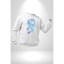 Navcoli Çin Sitili Ejderha Bereket Tanrısı Erkek Kadın Unisex Dijital Baskılı Beyaz Sweatshirt