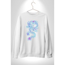 Navcoli Çin Sitili Ejderha Bereket Tanrısı Erkek Kadın Unisex Dijital Baskılı Beyaz Sweatshirt