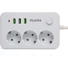 Piranha Akım Korumalı Uzatma Kablosu 3'lü Priz 3 Usb'li - Beyaz