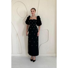 Elbee Fashion Woman Siyah Kolu Garnili İşleme Detaylı Elbise