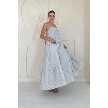 Elbee Fashion Woman Mavi Askılı Parçalı Çizgili Müslin Elbise