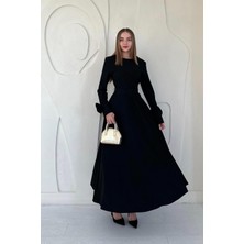Elbee Fashion Woman Siyah Kolları Güllü A-Line Elbise