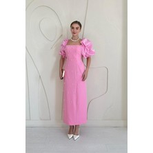 Elbee Fashion Woman Pembe Kolu Garnili İşleme Detaylı Elbise