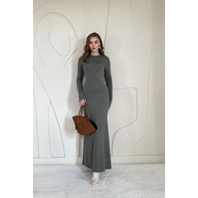 Elbee Fashion Woman Haki Basic Kadın Midi Elbise