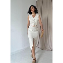 Elbee Fashion Woman Bej Keten Yelek Görünümlü Elbise