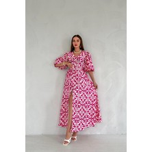 Elbee Fashion Woman Fuşya Eteği Yırtmaçlı Geniş Yaka Elbise