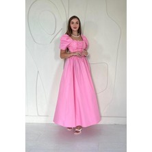 Elbee Fashion Woman Pembe Arkası Gipe Detaylı Elbise