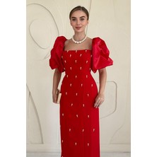Elbee Fashion Woman Kırmızı Kolu Garnili İşleme Detaylı Elbise