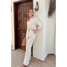 Elbee Fashion Woman Bej Jakar Petek Gömlek ve Pantolon Takım