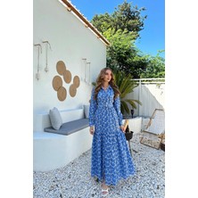 Elbee Fashion Woman Mavi Kemerli ve Çiçek Desenli Elbise