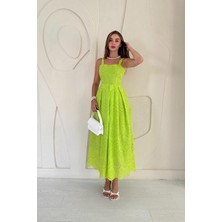 Elbee Fashion Woman Yağ Yeşili Askılı Aparatlı Brode Elbise