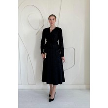 Elbee Fashion Woman Siyah Pile Detaylı Kruvaze Elbise