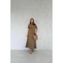 Elbee Fashion Woman Haki Pileli Bisiklet Yaka Elbise