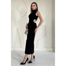 Elbee Fashion Woman Siyah Biyeli Sırtı Detaylı Triko Elbise