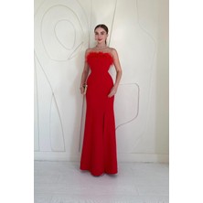 Elbee Fashion Woman Kırmızı Straplez Yaka Tüylü Abiye