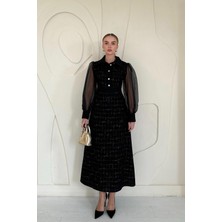 Elbee Fashion Woman Siyah Kolu Organze Garnili Elbise