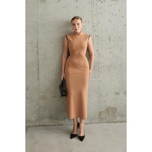 Elbee Fashion Woman Camel Biyeli Sırtı Detaylı Triko Elbise