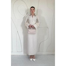 Elbee Fashion Woman Bej Kol Ucu Tüylü Elbise