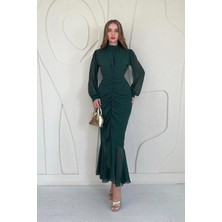 Elbee Fashion Woman Zümrüt Önü Büzgülü Şifon Elbise