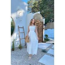 Elbee Fashion Woman Beyaz Askılı Aparatlı Brode Elbise