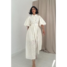 Elbee Fashion Woman Ekru Balon Kollu Pileli Elbise