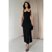 Elbee Fashion Woman Siyah Gül Motifli Atlas Elbise