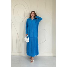 Elbee Fashion Woman Mavi Fitilli Gömlek ve Uzun Etek Takım