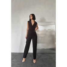 Elbee Fashion Woman Siyah Kemer Detaylı Atlas Tulum
