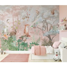 Wall Decorium Pembe Orman ve Safari Hayvanlar Çocuk Odası Duvar Kağıdı