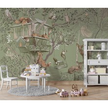 Wall Decorium Yeşil Orman Evi, Tilki ve Sevimli Hayvanlar Çocuk Odası Duvar Kağıdı