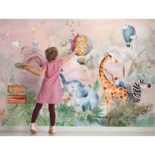 Wall Decorium Safari Hayvanlar Fil Zürafa ve Pembe Çocuk Odası Duvar Kağıdı