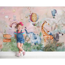 Wall Decorium Safari Hayvanlar Fil Zürafa ve Pembe Çocuk Odası Duvar Kağıdı