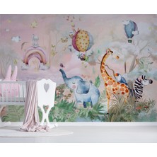 Wall Decorium Safari Hayvanlar Fil Zürafa ve Pembe Çocuk Odası Duvar Kağıdı