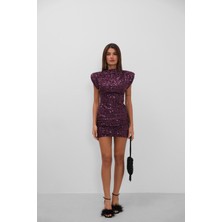 Sıfır Kol Payetli Mini Mor Elbise