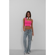 Tek Omuz Crop Fuşya Bluz