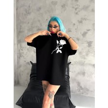 Passense Unisex Bisiklet Yaka Baskılı Oversize T-Shirt - Siyah