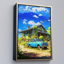 Alaz Trade Çerçeveli Şirin Ev Önündeki Mavi Araba TABLOSU-7688