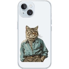 Zeyno Apple Iphone 15 Uyumlu Gömlekli Kedi  Desenli Silikon Kılıf