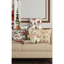 Mediterian Yılbaşı Temalı Renkli Noel Baba ve Geyik Desenli Çift Taraflı Dijital Kırlent Kılıfı (4’lü)