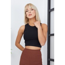 Ef Dk Crop- Atlet - Siyah Fitilli Kumaş- Göbek Detaylı - Örme Bluz