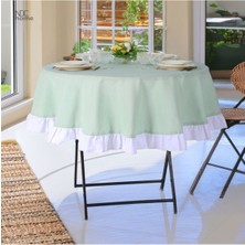 Yeşil Keten Yuvarlak (Beyaz) Fırfırlı Masa Örtüsü